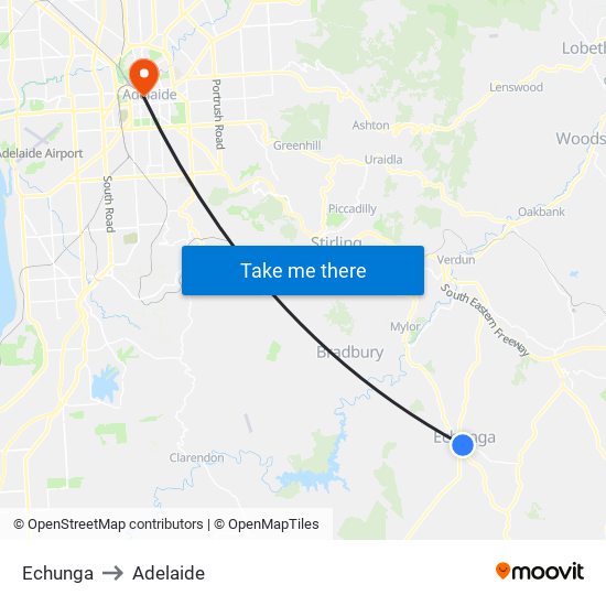 Echunga to Adelaide map