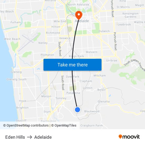 Eden Hills to Adelaide map