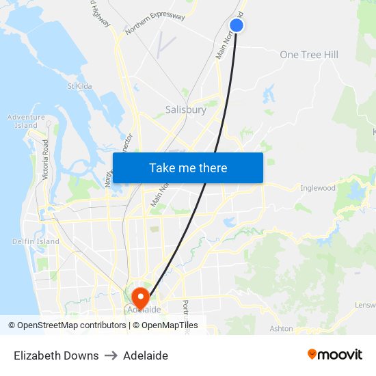 Elizabeth Downs to Adelaide map