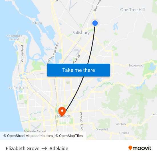 Elizabeth Grove to Adelaide map