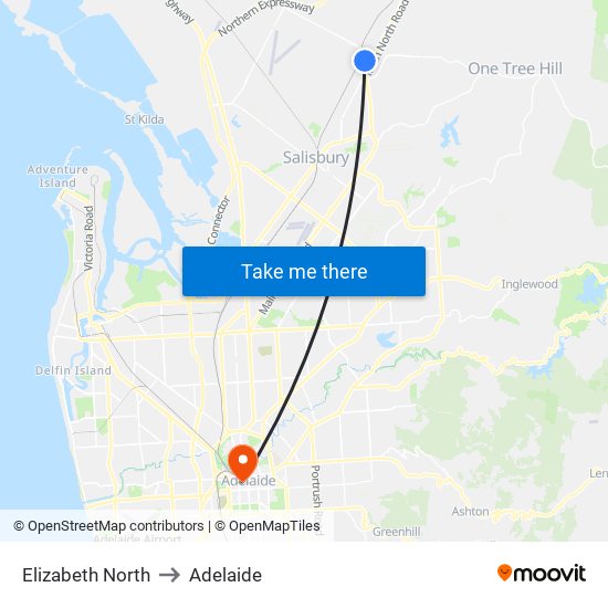 Elizabeth North to Adelaide map