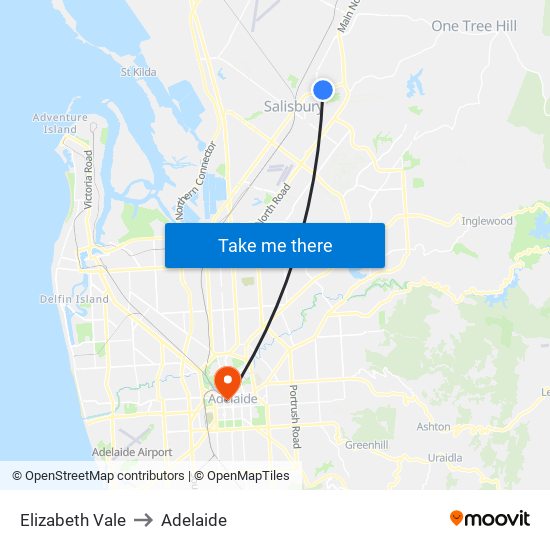 Elizabeth Vale to Adelaide map