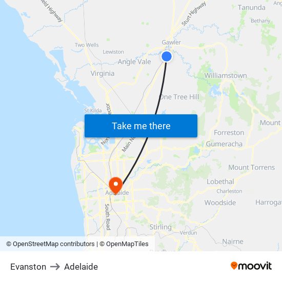 Evanston to Adelaide map