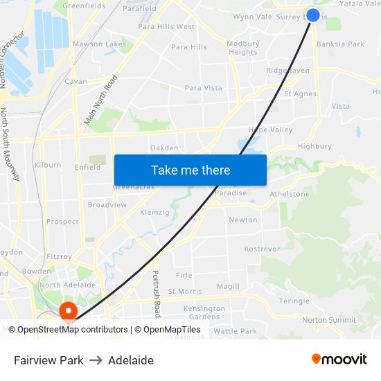 Fairview Park to Adelaide map