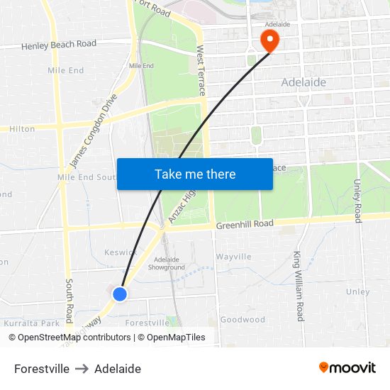 Forestville to Adelaide map