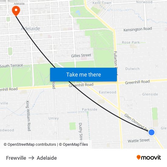 Frewville to Adelaide map