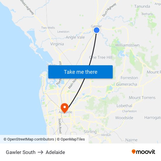 Gawler South to Adelaide map