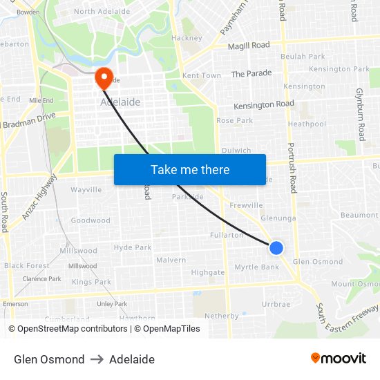 Glen Osmond to Adelaide map