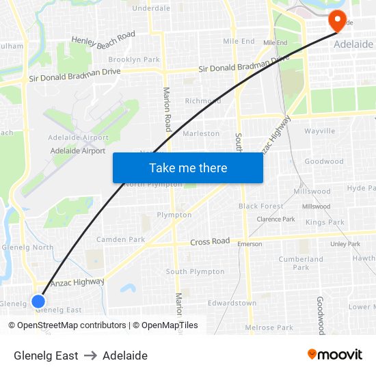 Glenelg East to Adelaide map