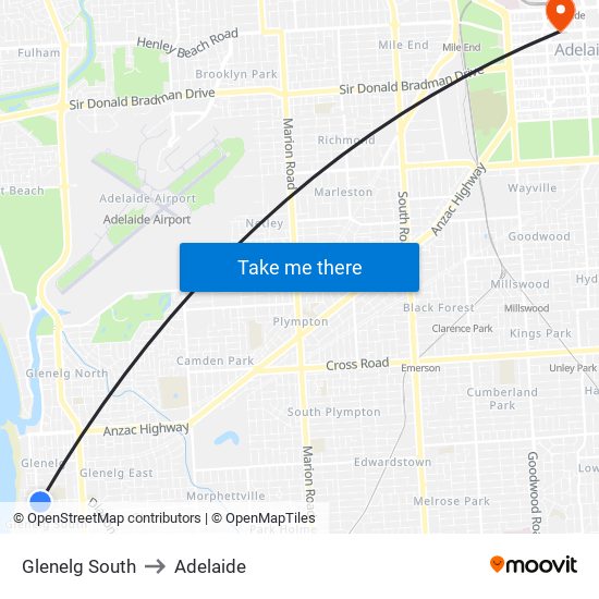 Glenelg South to Adelaide map