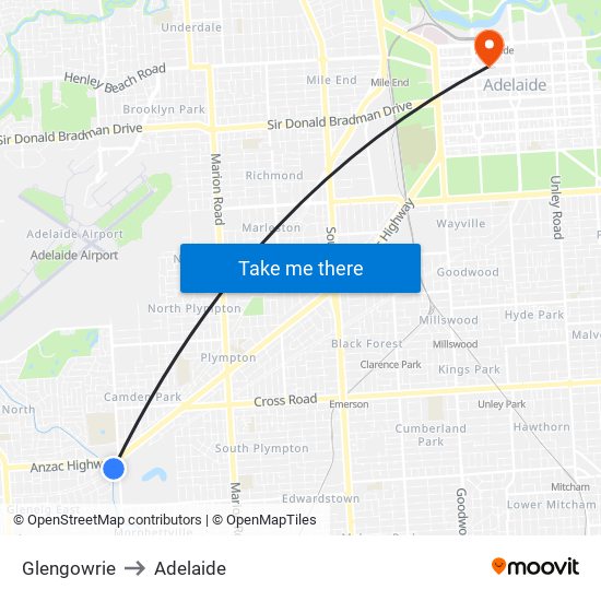 Glengowrie to Adelaide map