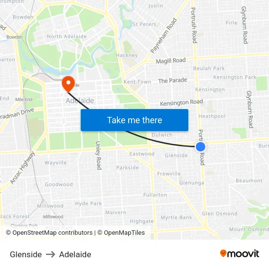 Glenside to Adelaide map