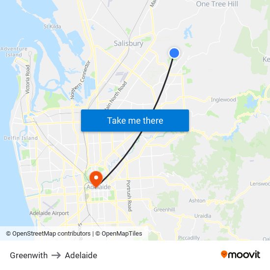 Greenwith to Adelaide map