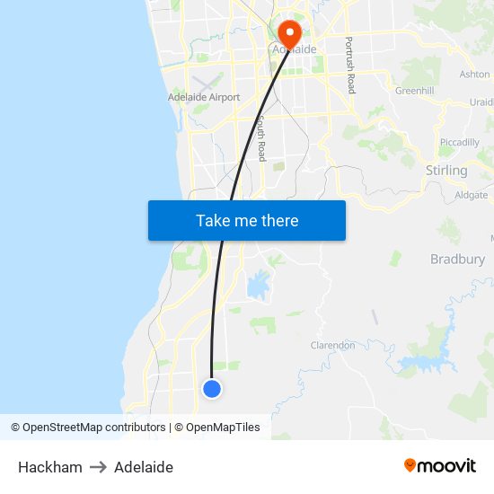 Hackham to Adelaide map