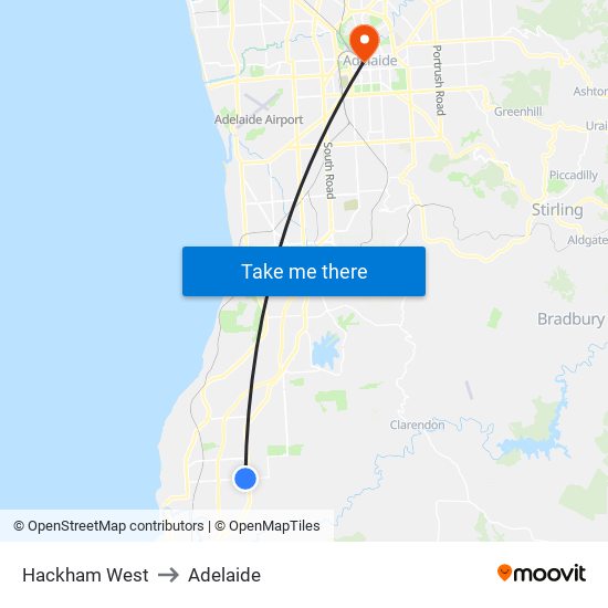 Hackham West to Adelaide map