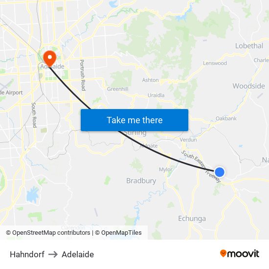 Hahndorf to Adelaide map