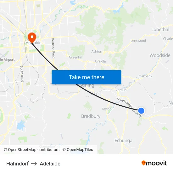 Hahndorf to Adelaide map