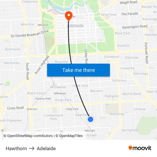 Hawthorn to Adelaide map