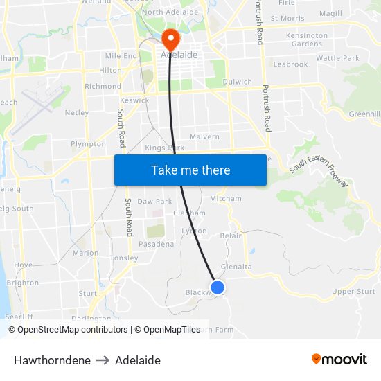 Hawthorndene to Adelaide map