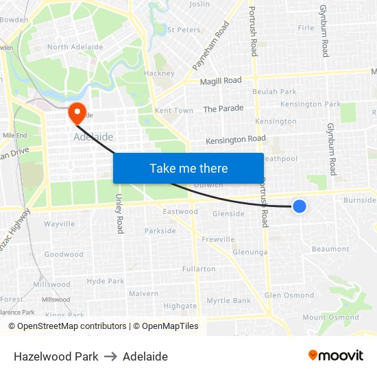 Hazelwood Park to Adelaide map