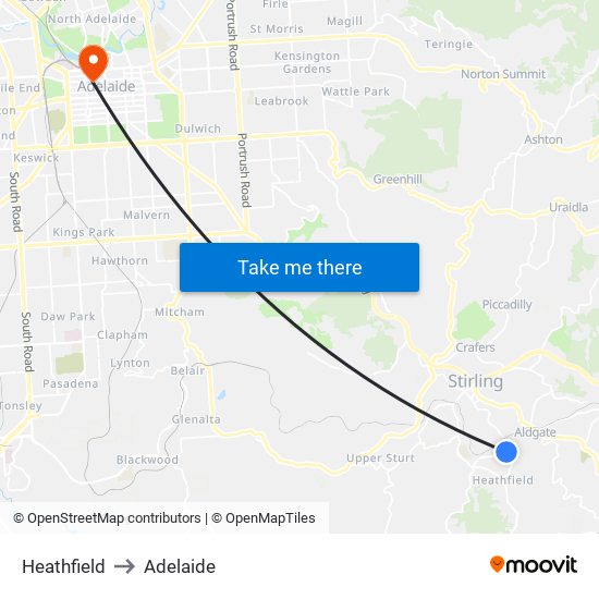 Heathfield to Adelaide map