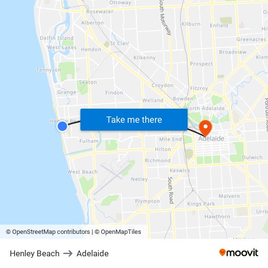 Henley Beach to Adelaide map