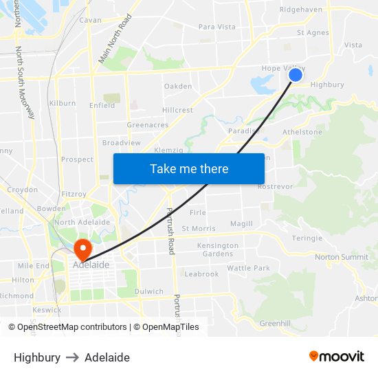 Highbury to Adelaide map