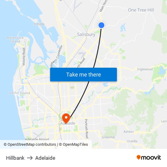 Hillbank to Adelaide map