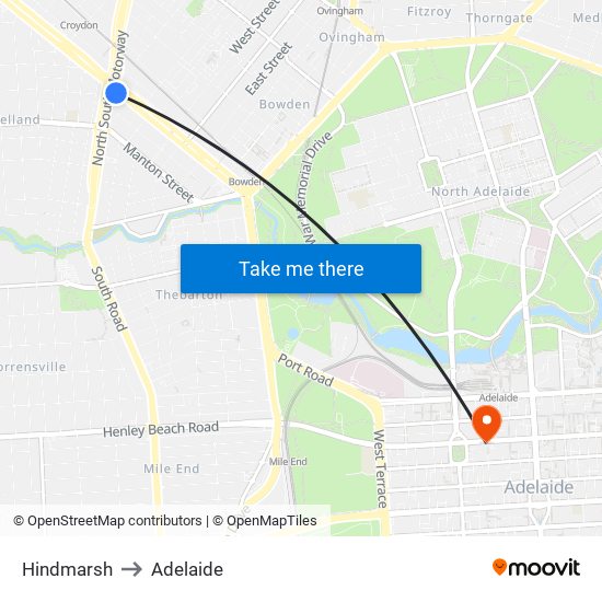 Hindmarsh to Adelaide map