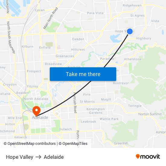 Hope Valley to Adelaide map