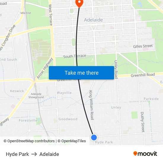 Hyde Park to Adelaide map