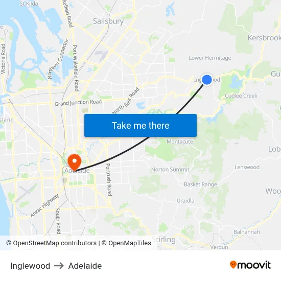 Inglewood to Adelaide map