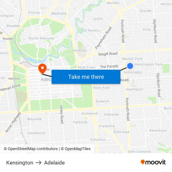 Kensington to Adelaide map