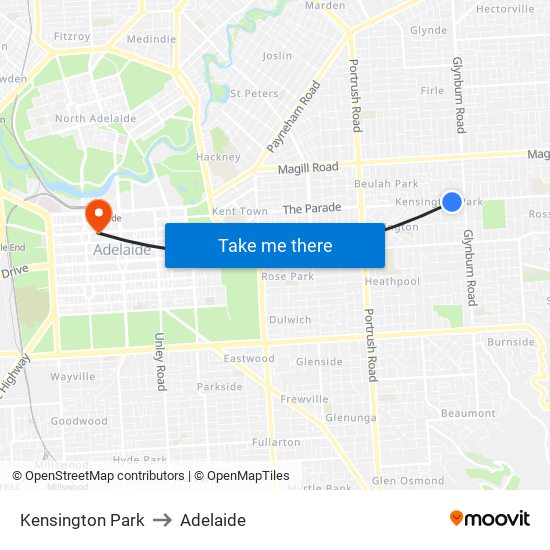 Kensington Park to Adelaide map