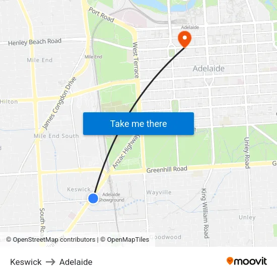 Keswick to Adelaide map