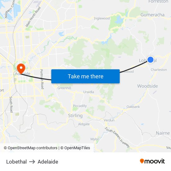 Lobethal to Adelaide map