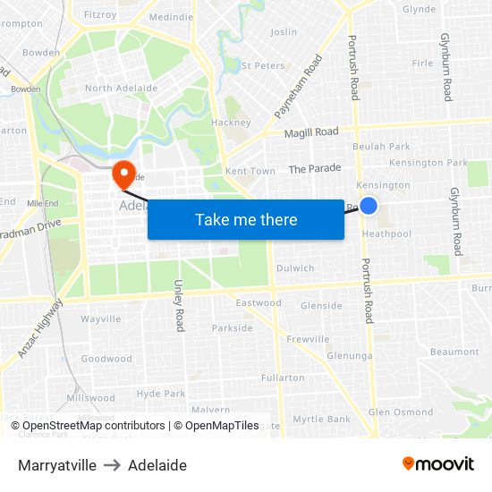 Marryatville to Adelaide map