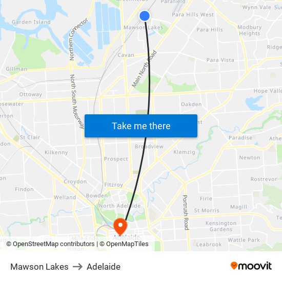 Mawson Lakes to Adelaide map