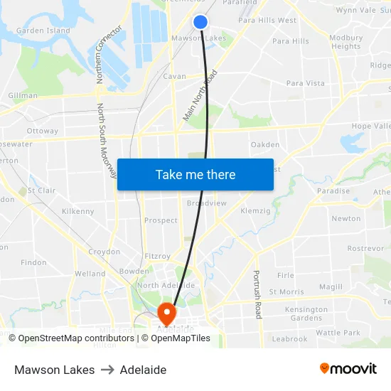 Mawson Lakes to Adelaide map