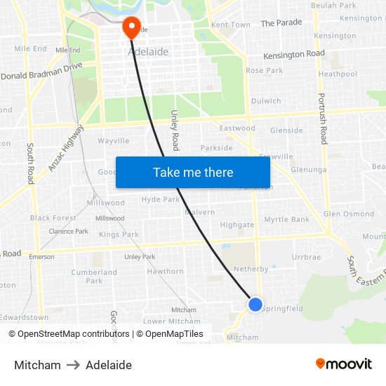 Mitcham to Adelaide map