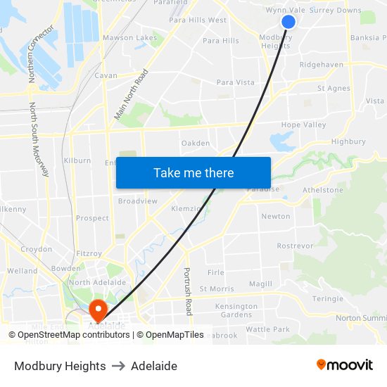 Modbury Heights to Adelaide map