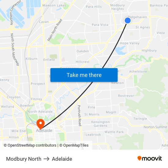 Modbury North to Adelaide map