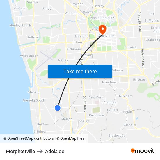 Morphettville to Adelaide map