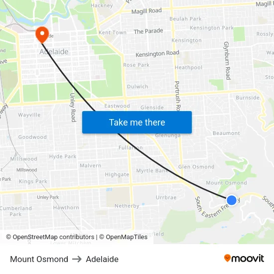 Mount Osmond to Adelaide map