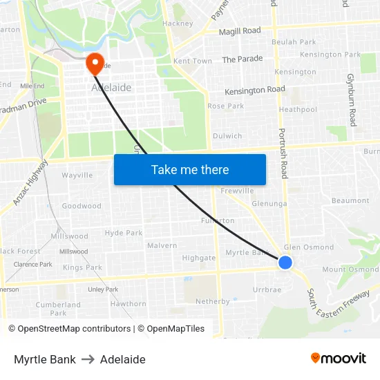 Myrtle Bank to Adelaide map
