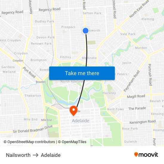 Nailsworth to Adelaide map