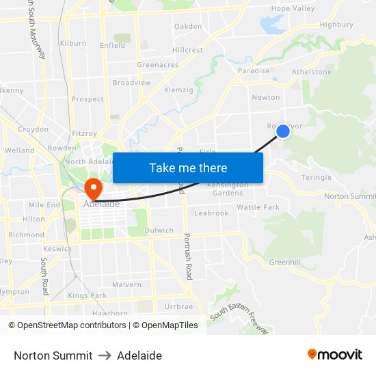 Norton Summit to Adelaide map