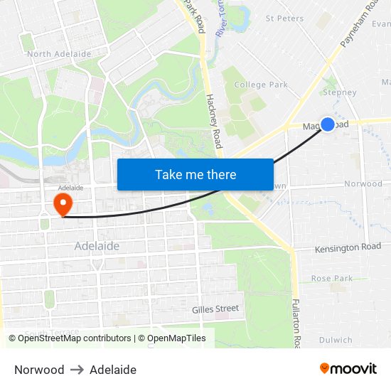 Norwood to Adelaide map