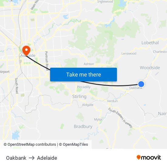 Oakbank to Adelaide map