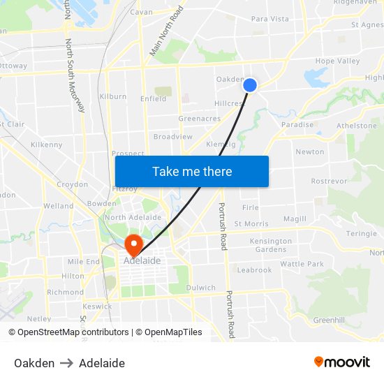 Oakden to Adelaide map
